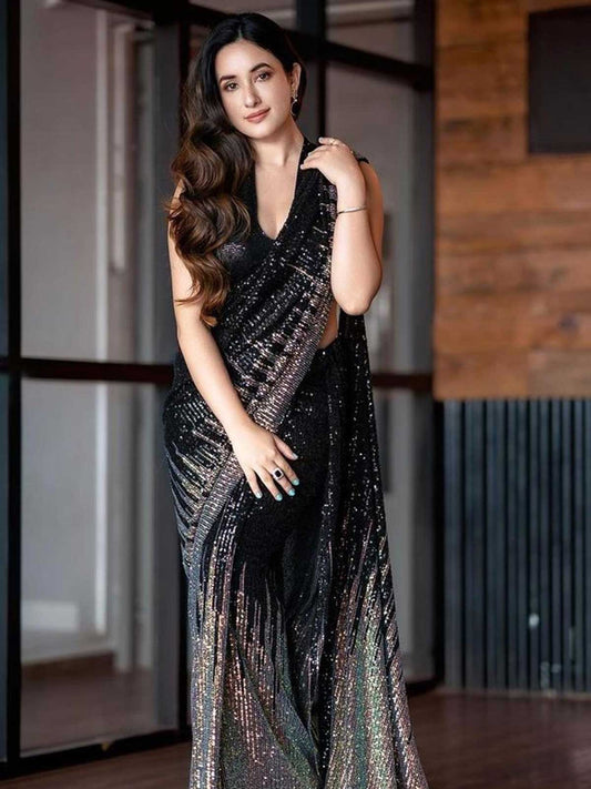 Aditi Inspired Heavy Sequins Work Black & Gold Saree