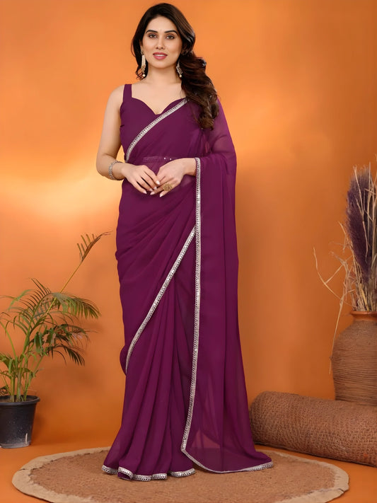 Bollywood Inspired Georgette Wine Saree with Stylish Border-70454587555921