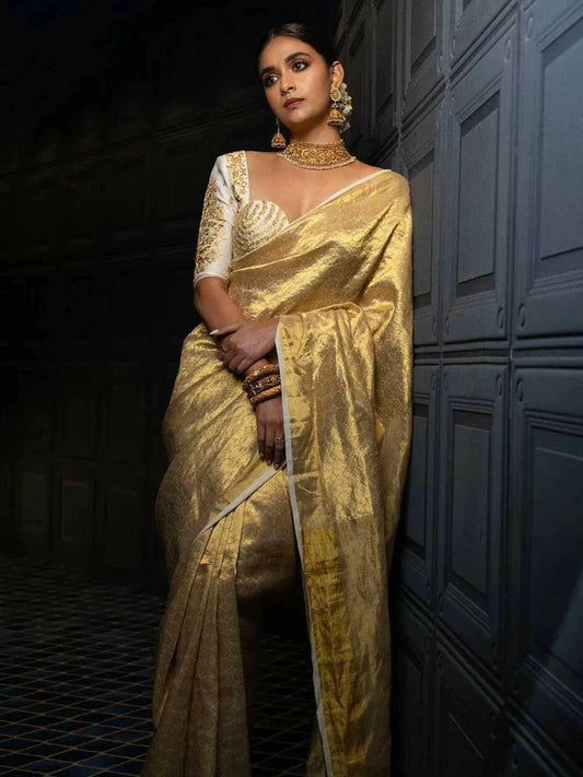 Keerthy Inspired Kanjivaram Tissue Silk Gold Saree-1  Celebrity Drapes