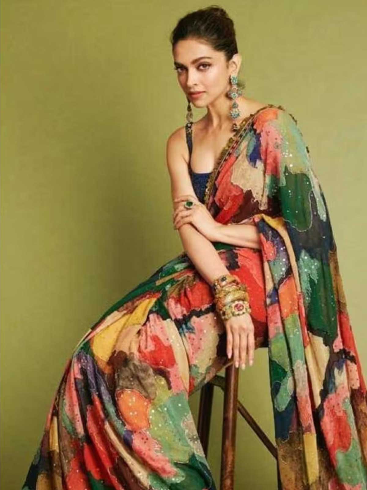 Deepika Inspired Georgette Multicolour Saree-1  Celebrity Drapes