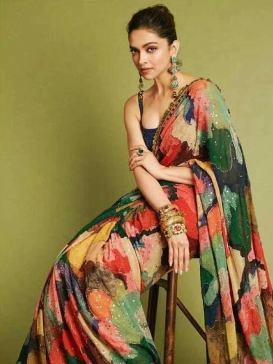 Deepika Inspired Georgette Multicolour Saree-1  Celebrity Drapes