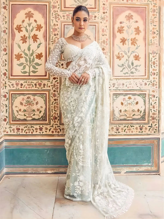 Bollywood Inspired Designer Fancy Net Pista Green Saree-70480710467665