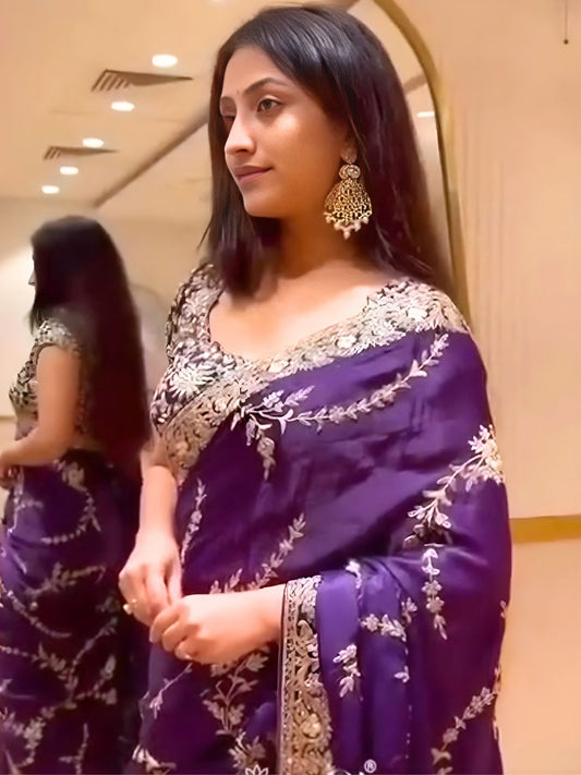 Bollywood-Inspired Purple Satin Silk Saree with Rich Gold Work-70450000789585