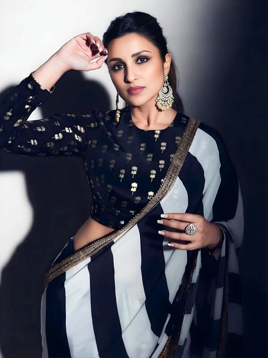 Parineeti Inspired Black & White Striped Printed Georgette Saree-70455571677265