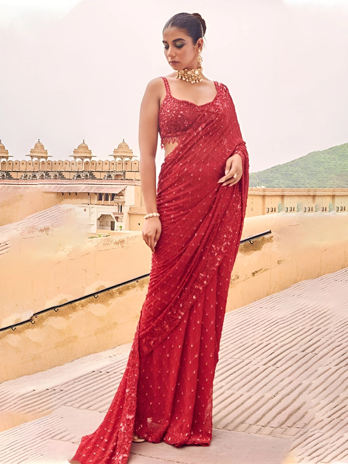 Bollywood Inspired Faux Georgette Embroidery Red Saree with Sequins Work-70684436824145