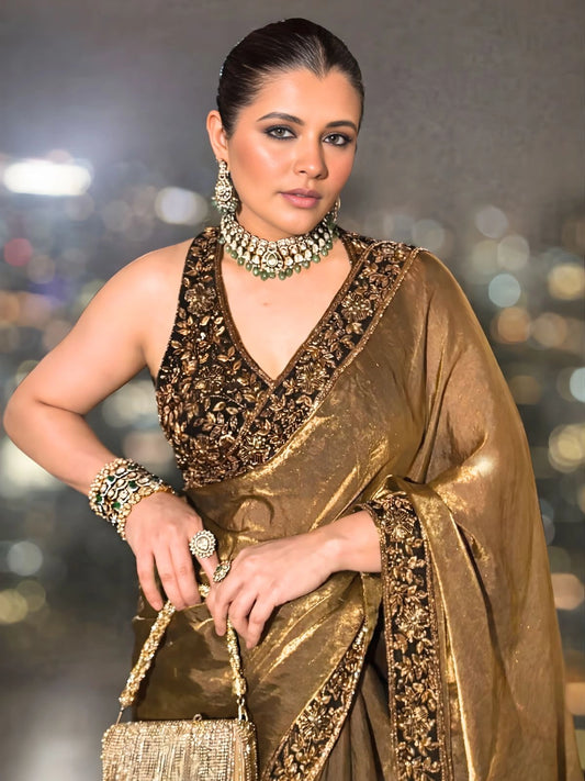 Bollywood Inspired Gold Saree with Black & Gold Embroidery and Unstitched Blouse-70455370580049