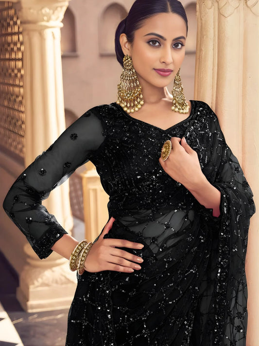 Bollywood Inspired Black Net Saree with Bead and Thread Work-70455659528273
