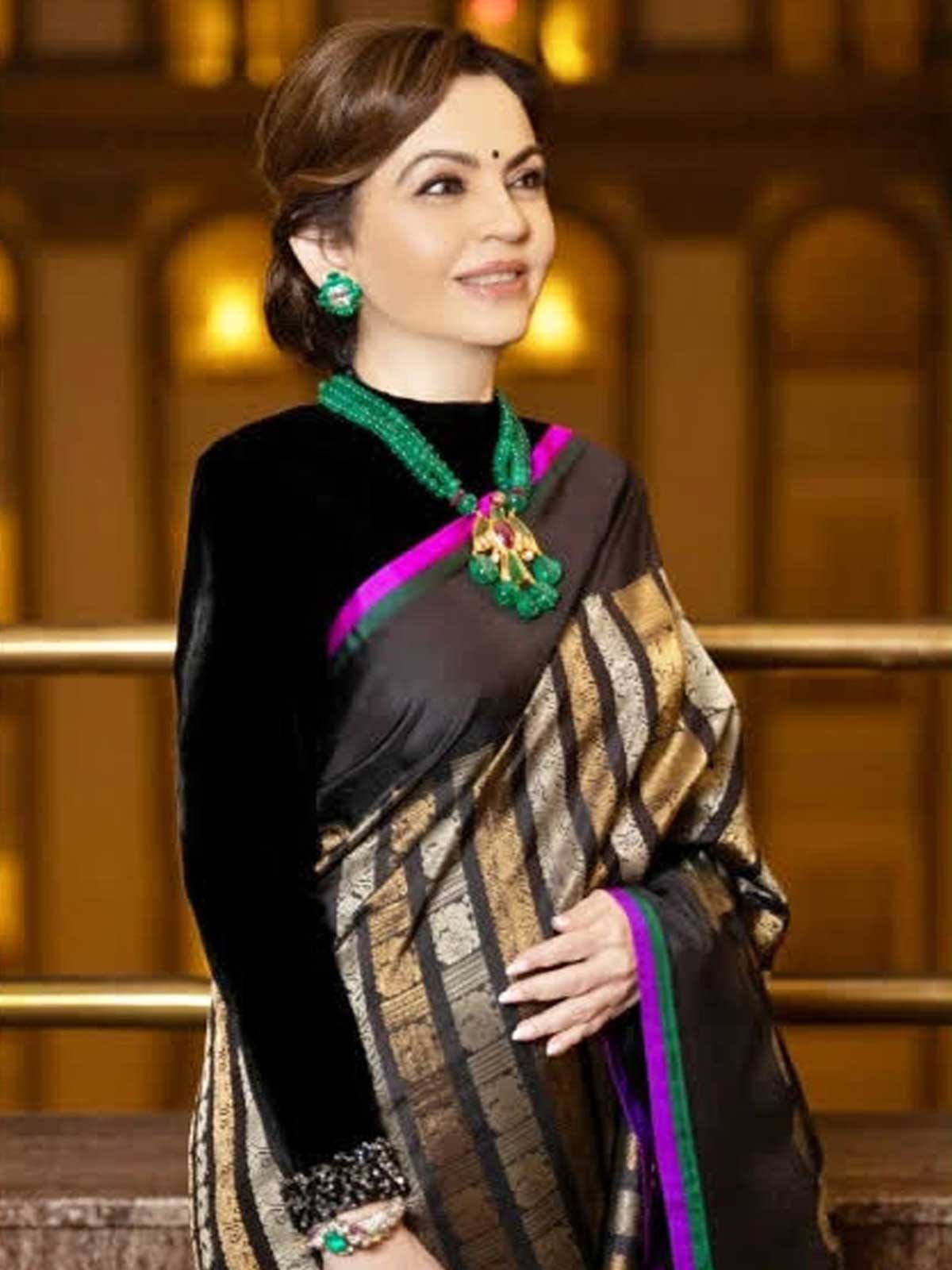 Nita Mam Inspired Silk Zari Kanjeevaram Black with Silver & Gold Saree-1  Celebrity Drapes