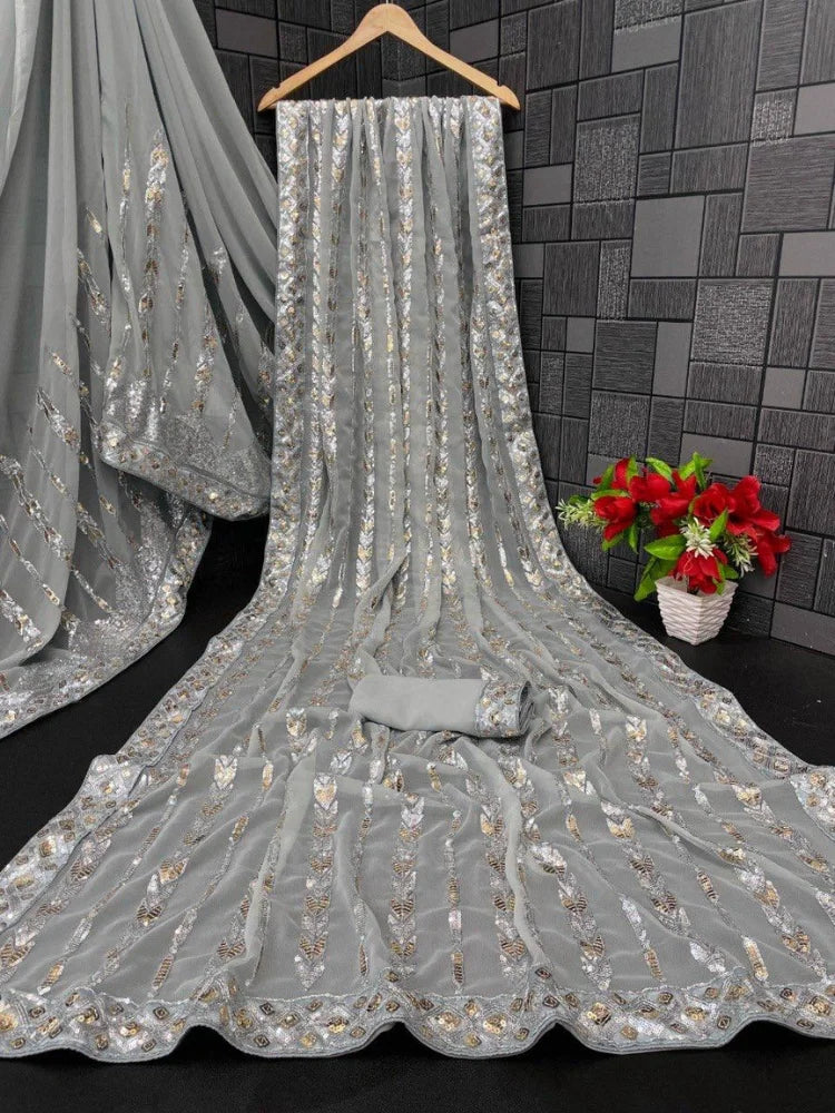 Bollywood Inspired Metallic Grey Georgette Saree with Sequins-72116555284561