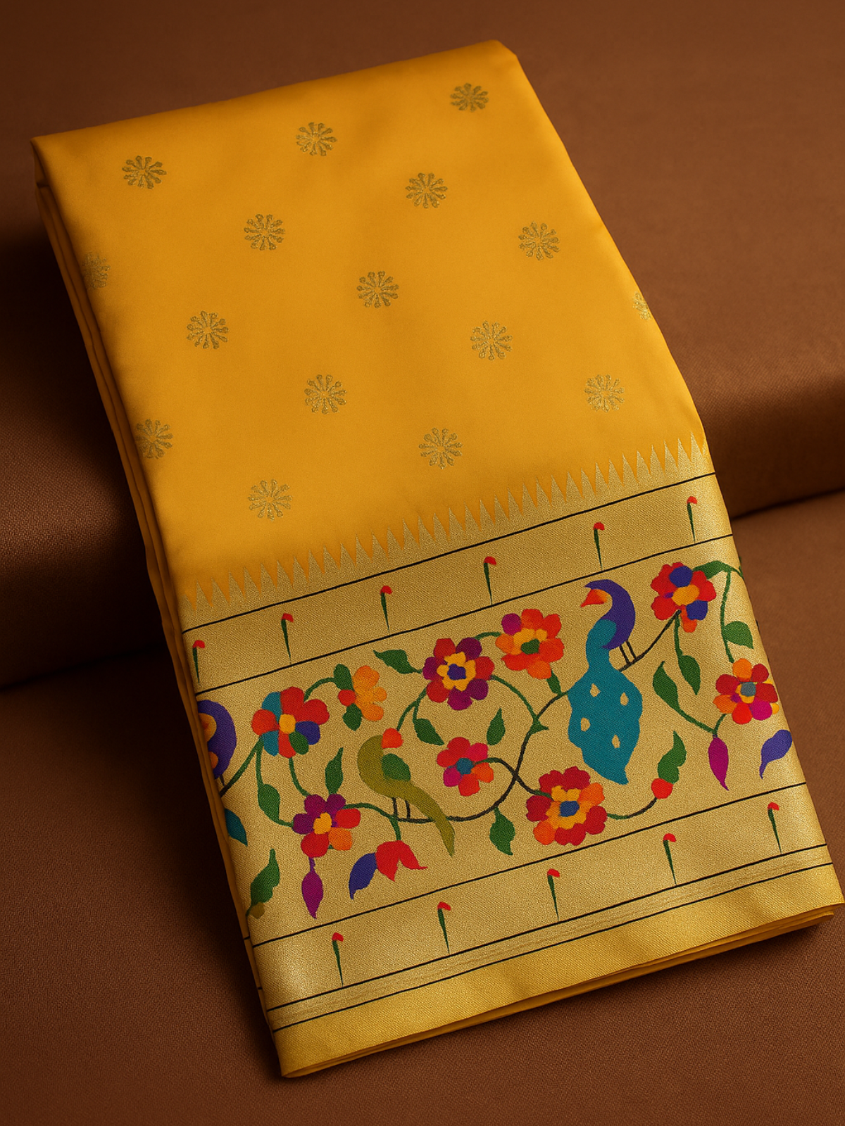 Premium Paithani Saree with Traditional Peacock and Floral Border - Yellow