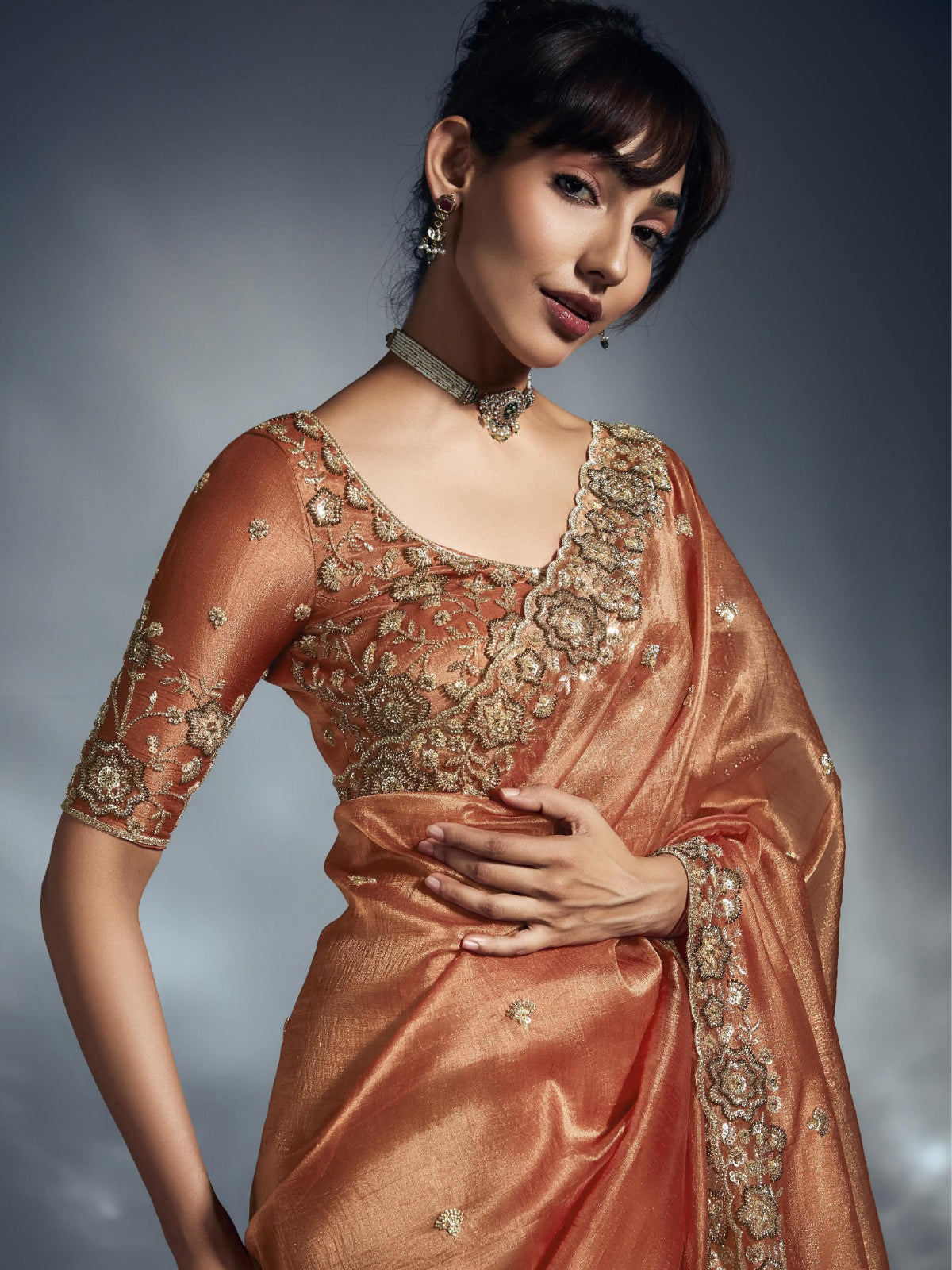 Designer Organza Saree with Heavy Embroidered Border & Blouse - Orange