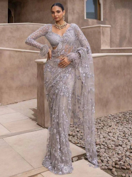 Bollywood Inspired Sequins Designer Purple Net Saree