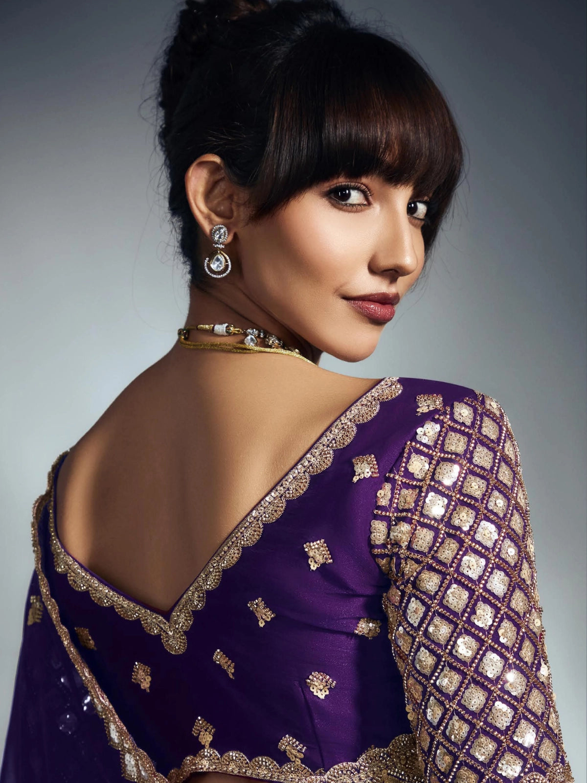 Designer Organza Saree with Heavy Embroidered Border & Blouse - Purple