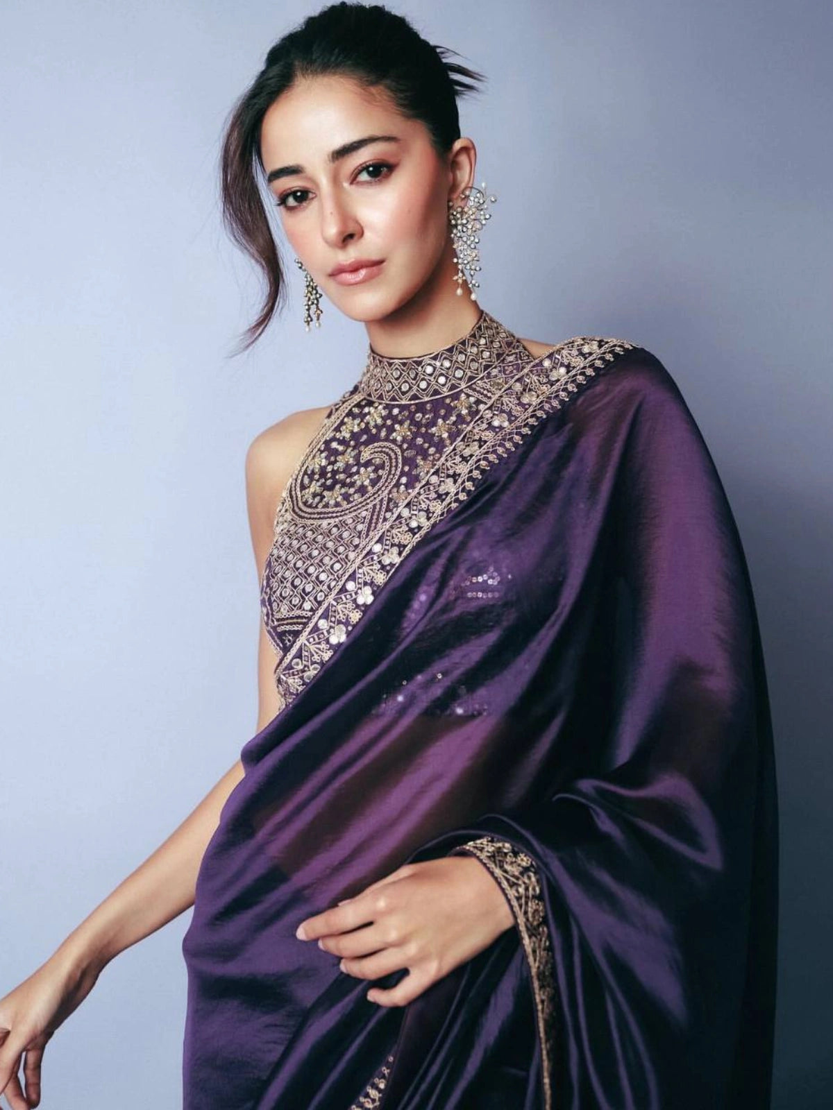 Ananya Inspired Purple Saree with Thread & Sequin Embroidery-67258969260113
