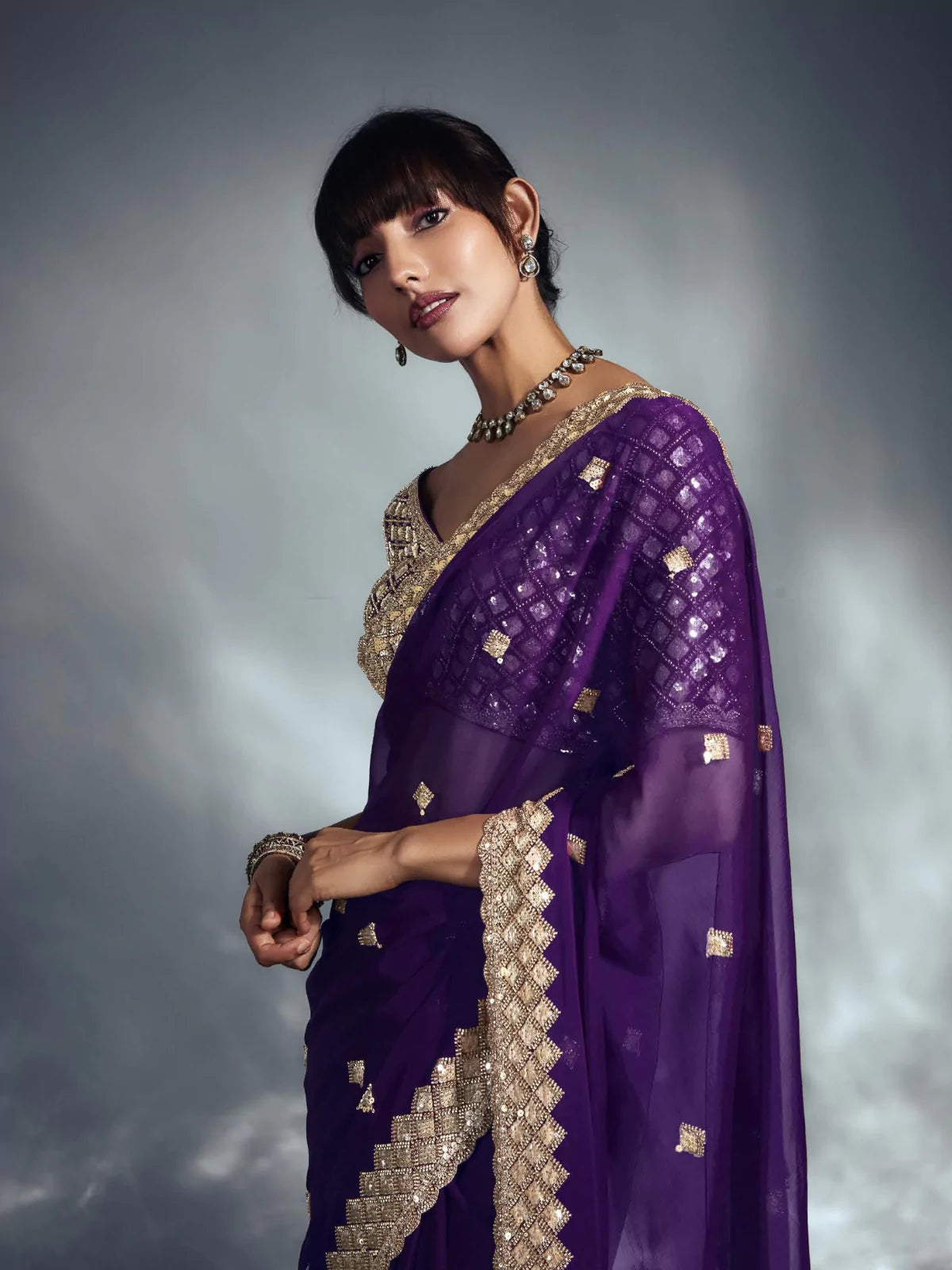Designer Organza Saree with Heavy Embroidered Border & Blouse - Purple