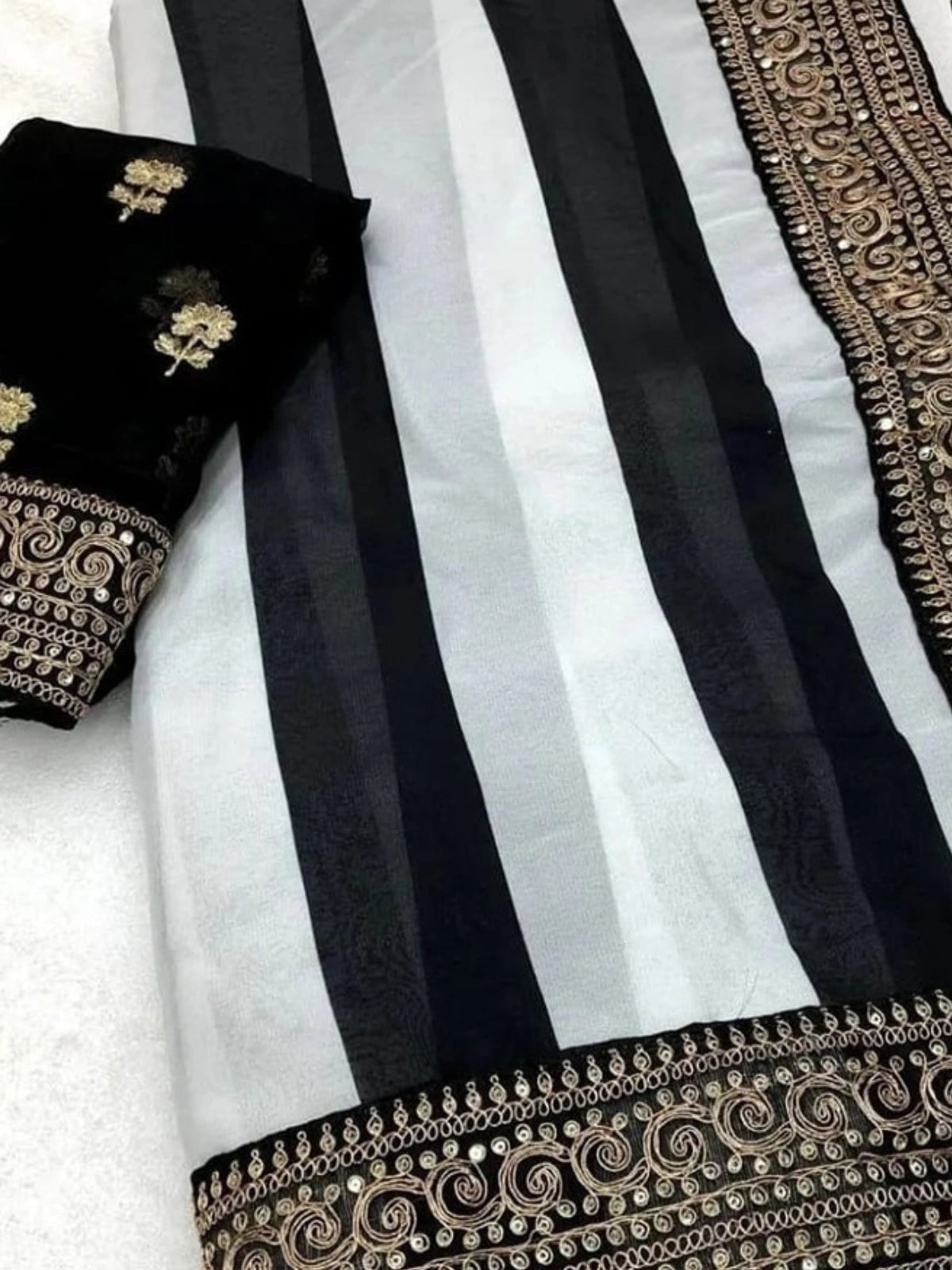Parineeti Inspired Black & White Striped Printed Georgette Saree-67259048132689