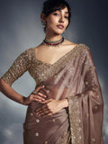 Designer Organza Saree with Heavy Embroidered Border & Blouse - Dusky Brown