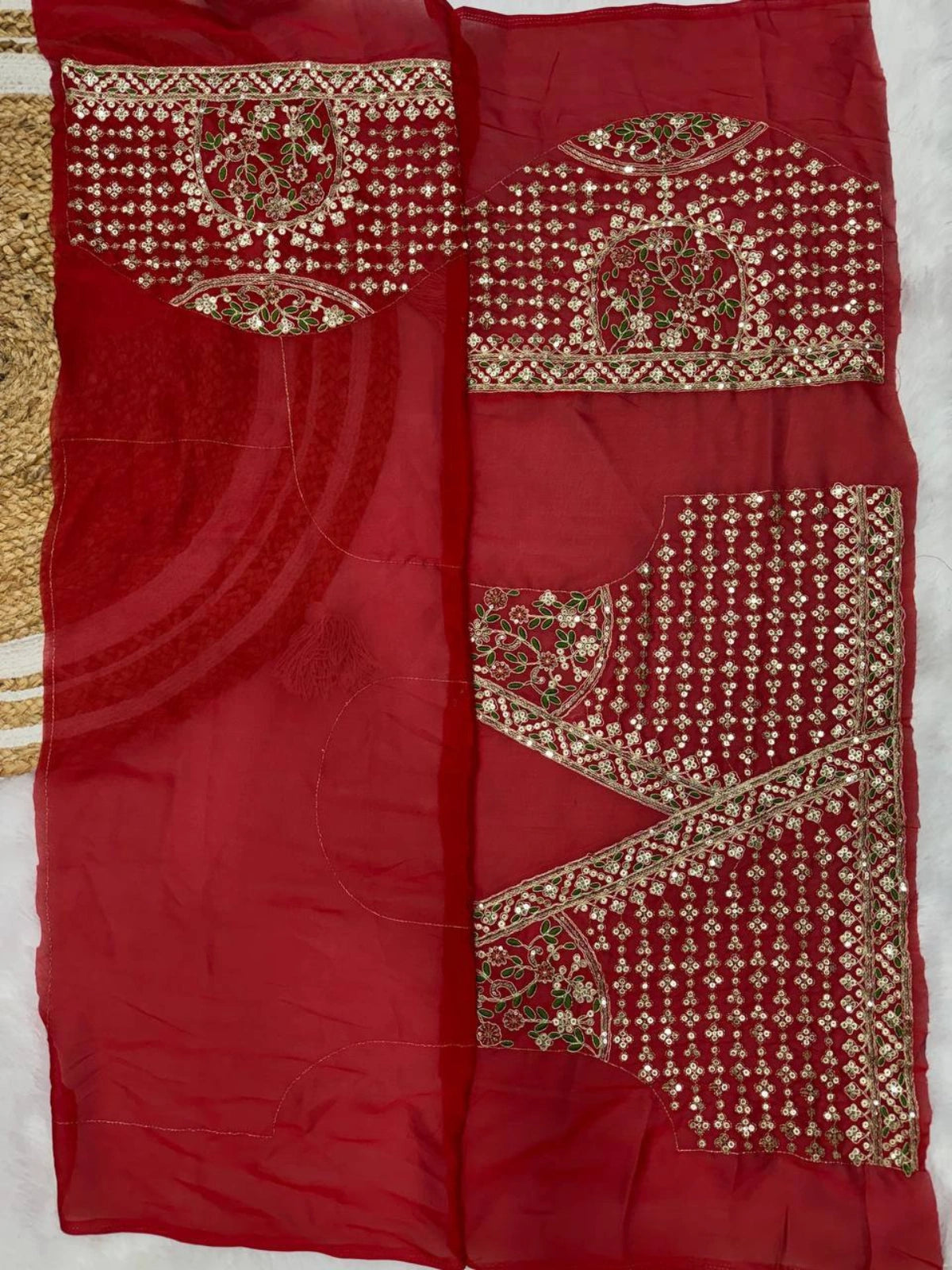 Samyuktha Inspired Red Saree with Golden Embroidery and Matching Designer Blouse Piece-67260994224209