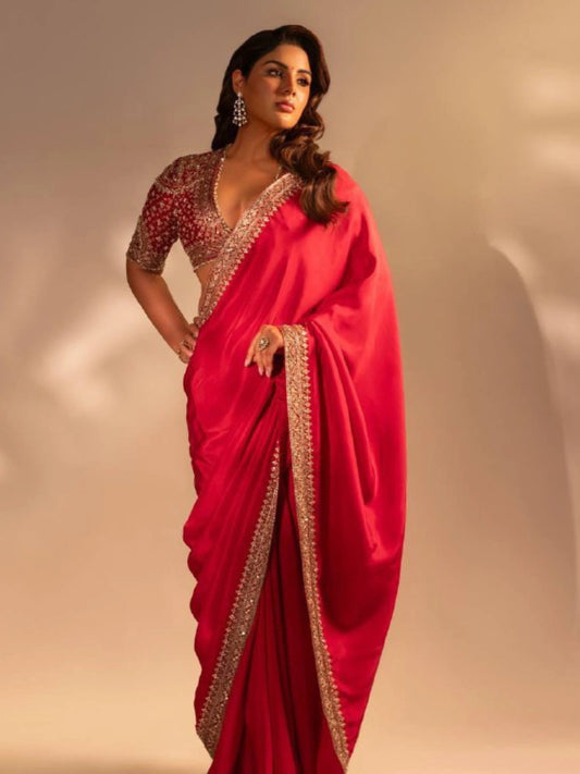 Samyuktha Inspired Red Saree with Golden Embroidery and Matching Designer Blouse Piece-67260994322513
