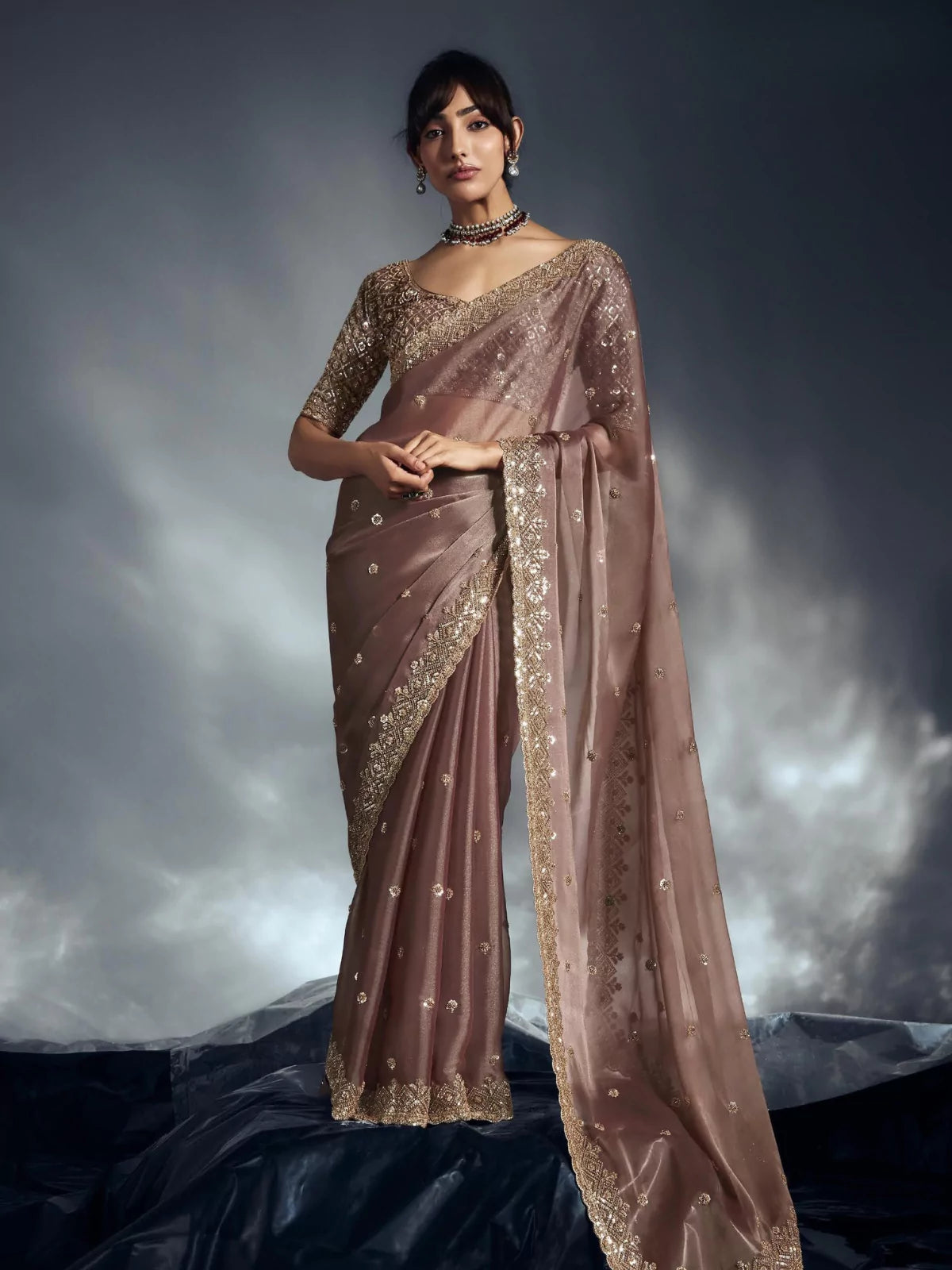 Designer Organza Saree with Heavy Embroidered Border & Blouse - Dusky Brown
