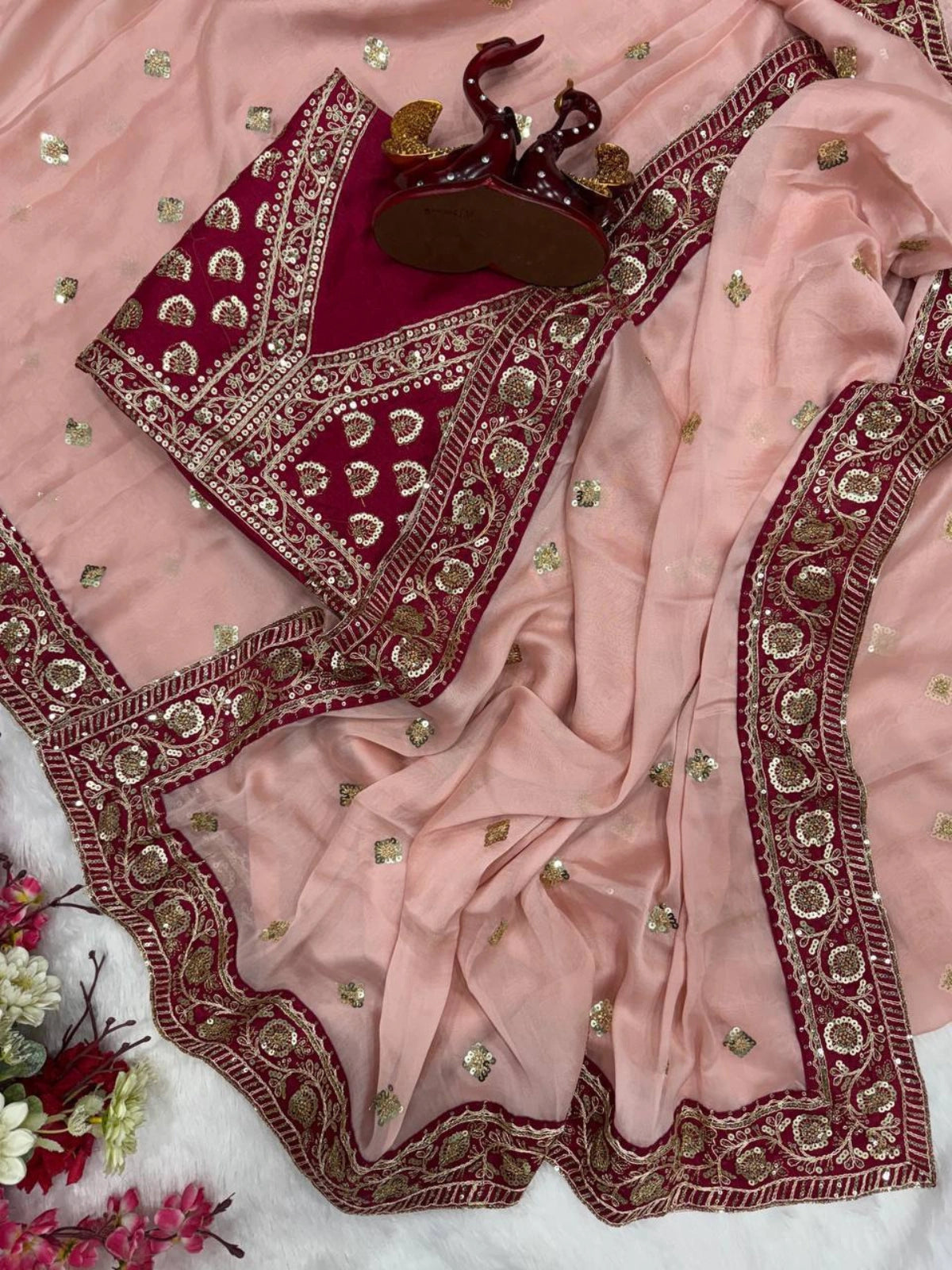 Soft Pink Saree with Delicate Golden Motifs and Embroidered Maroon Border-67269294063697