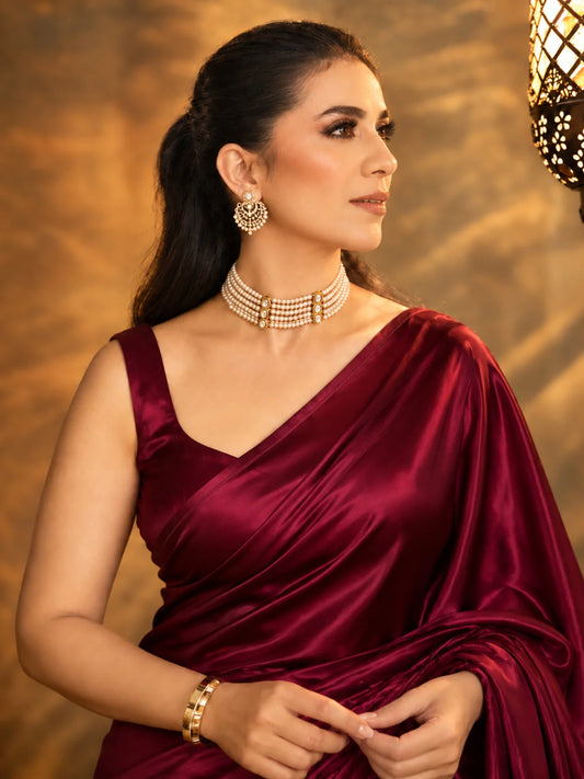 Maroon Satin Saree with Unstitched Matching Blouse Piece-73996137627729