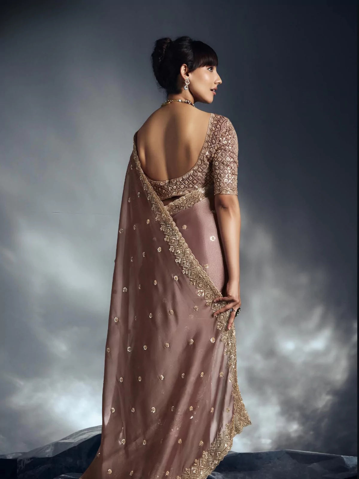 Designer Organza Saree with Heavy Embroidered Border & Blouse - Dusky Brown