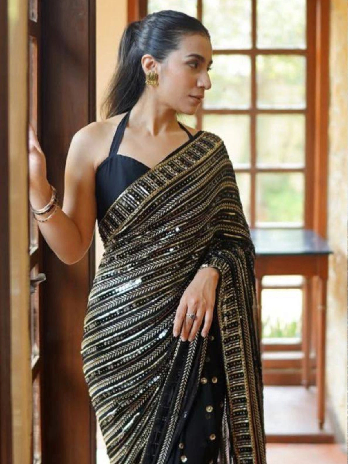 Bollywood Inspired Black Saree with Silver and Gold Sequin Work and Matching Blouse Piece