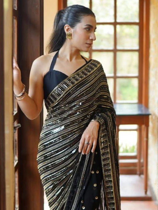 Bollywood Inspired Black Saree with Silver and Gold Sequin Work and Matching Blouse Piece