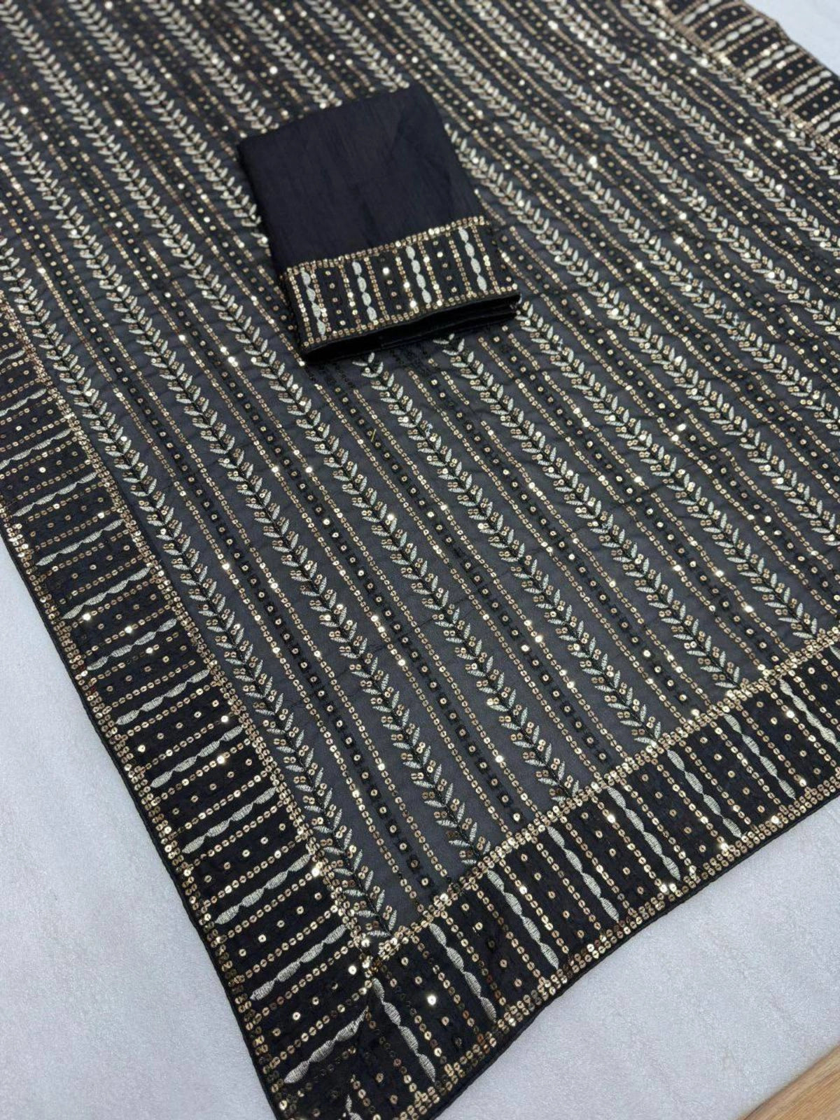 Bollywood Inspired Black Saree with Silver and Gold Sequin Work and Matching Blouse Piece-67269295964241