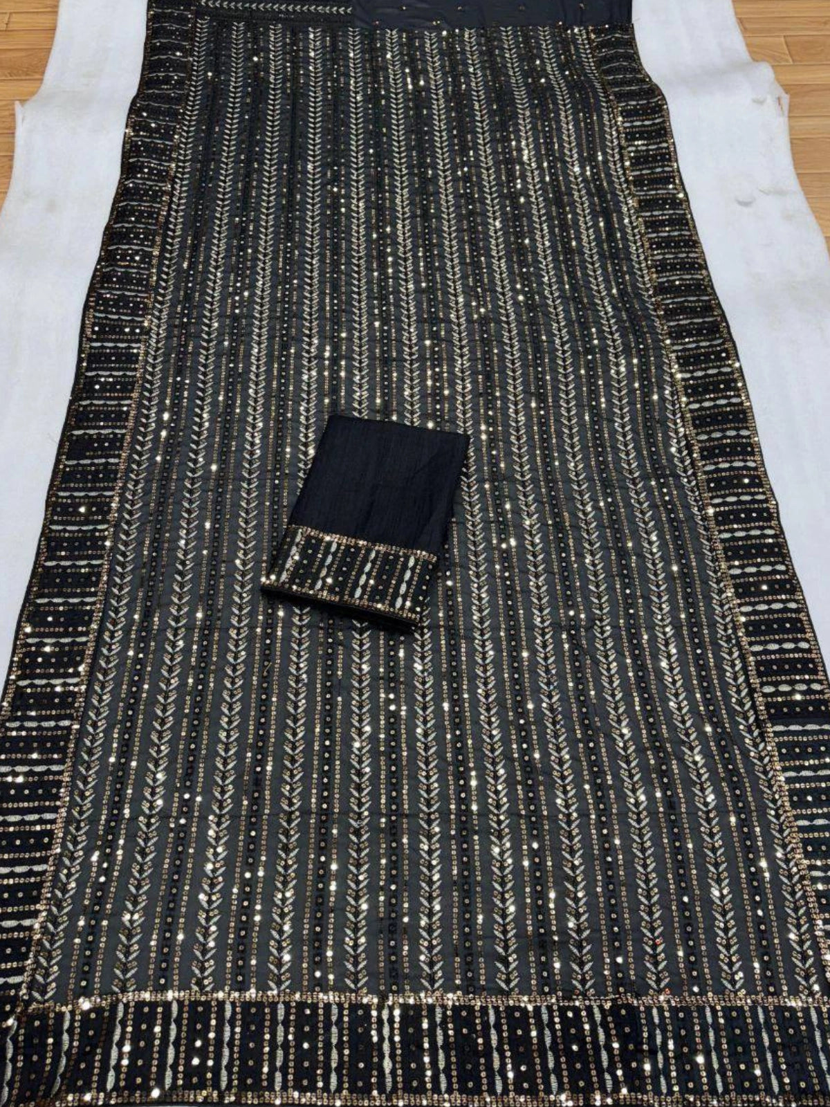 Bollywood Inspired Black Saree with Silver and Gold Sequin Work and Matching Blouse Piece-67269295997009