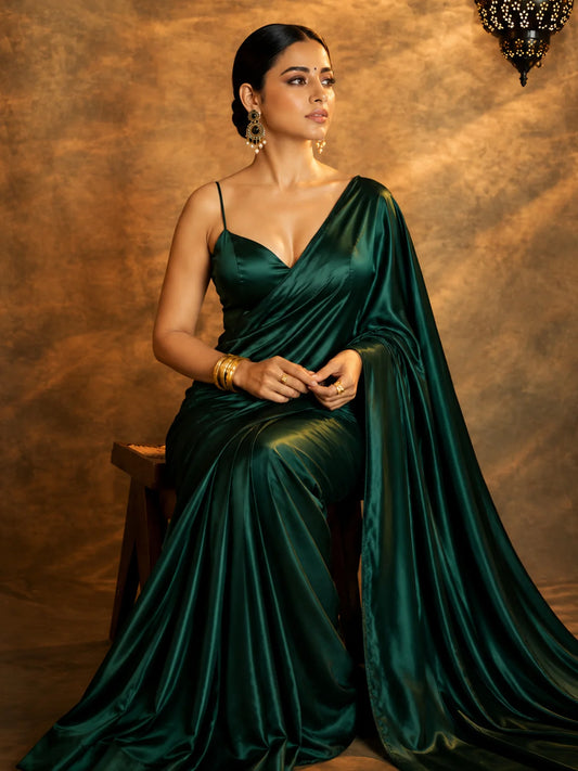 Bottle Green Satin Saree with Unstitched Matching Blouse Piece-73996044337233