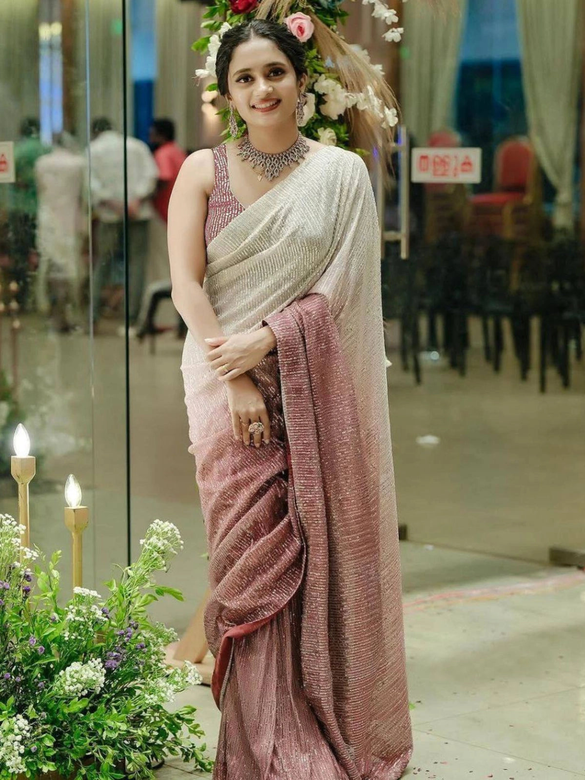 Bollywood Inspired Cream & Wine Georgette Saree with Rainbow Shading and Sequin Embroidery