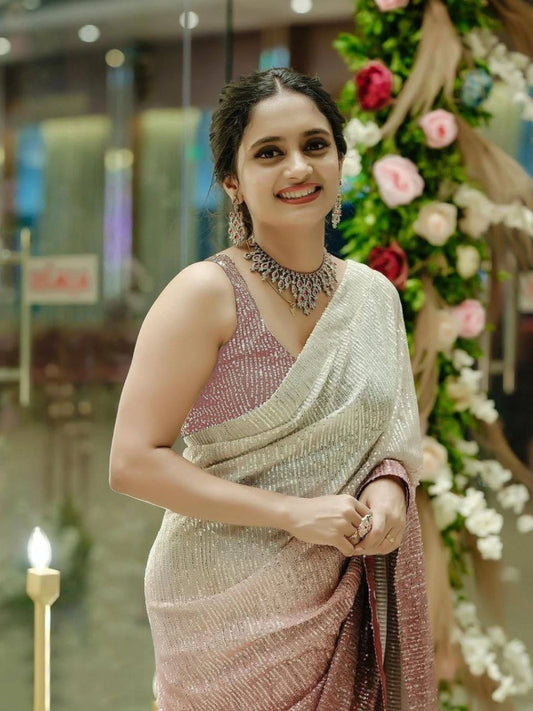 Bollywood Inspired Cream & Wine Georgette Saree with Rainbow Shading and Sequin Embroidery