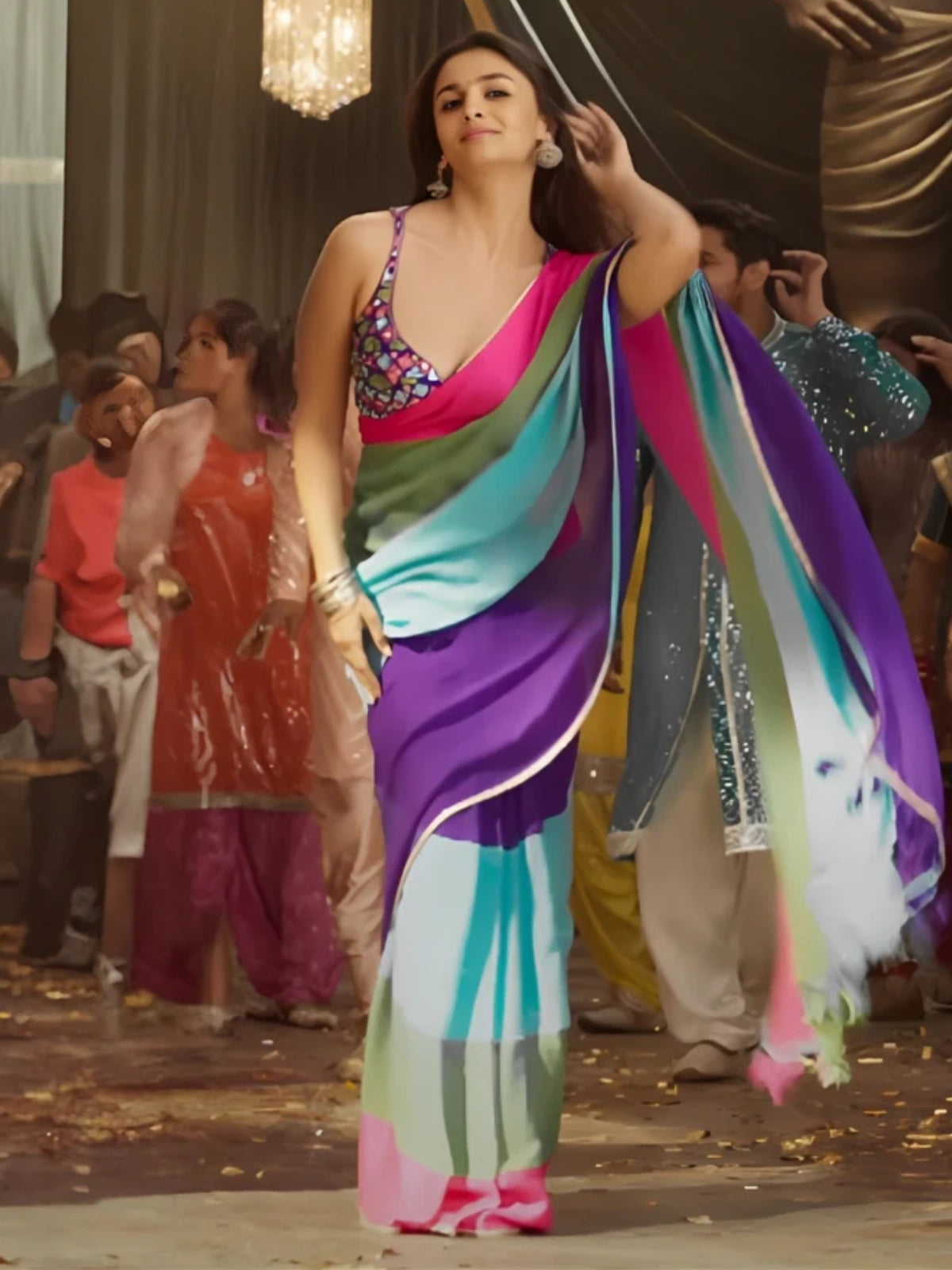 Alia Inspired Multicolor Georgette Saree with Golden Border-67288371920977