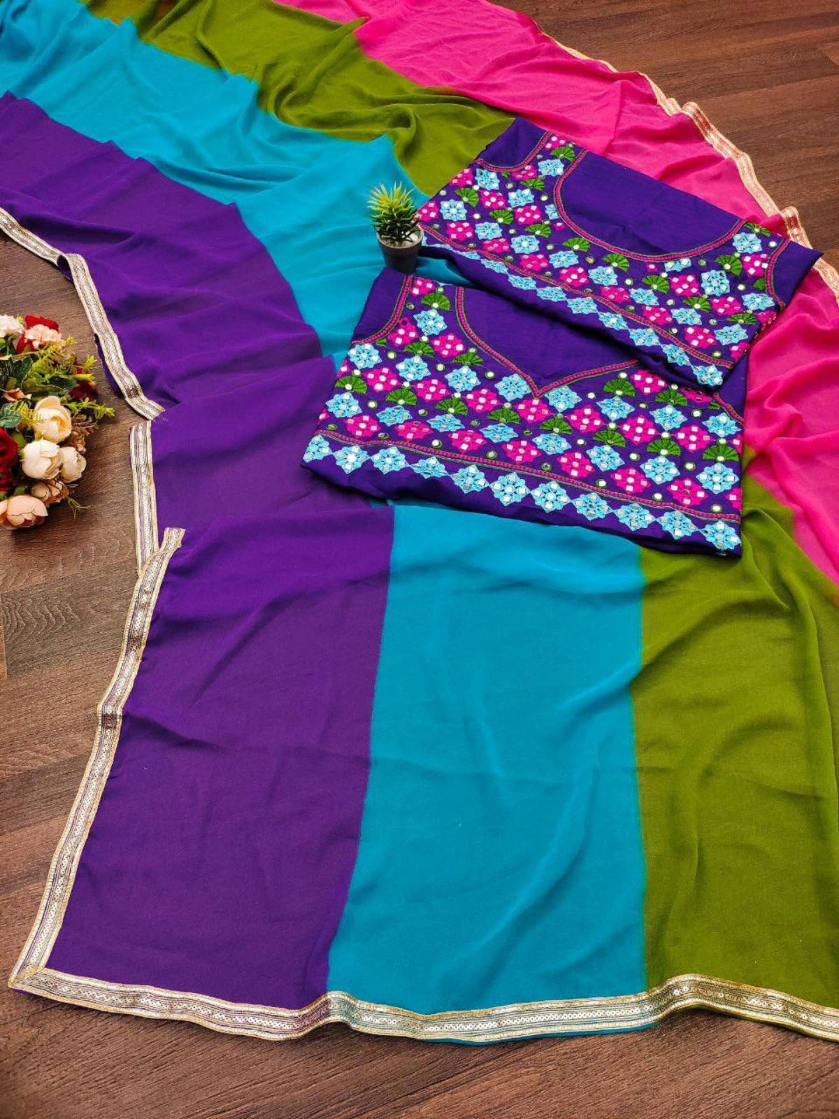 Alia Inspired Multicolor Georgette Saree with Golden Border-67288371986513