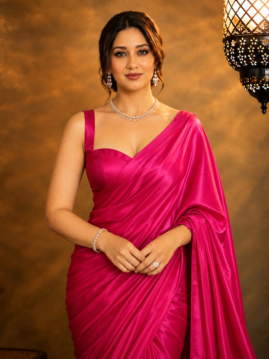 Pink Satin Saree with Unstitched Matching Blouse Piece-73996083200081