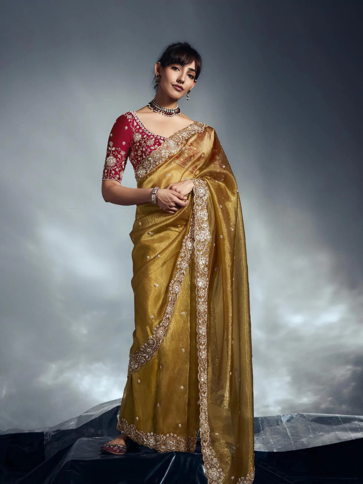 Designer Organza Saree with Heavy Embroidered Border & Blouse - Mustard Yellow