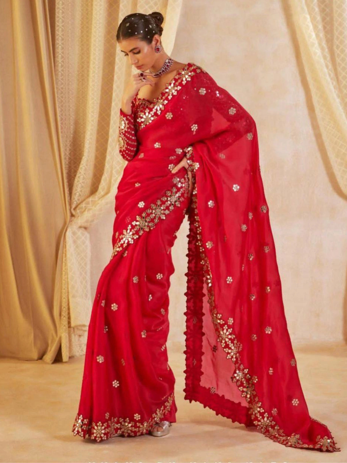 Bollywood Inspired Red Mirror Work Saree with Intricate Floral Detailing-67288426545233