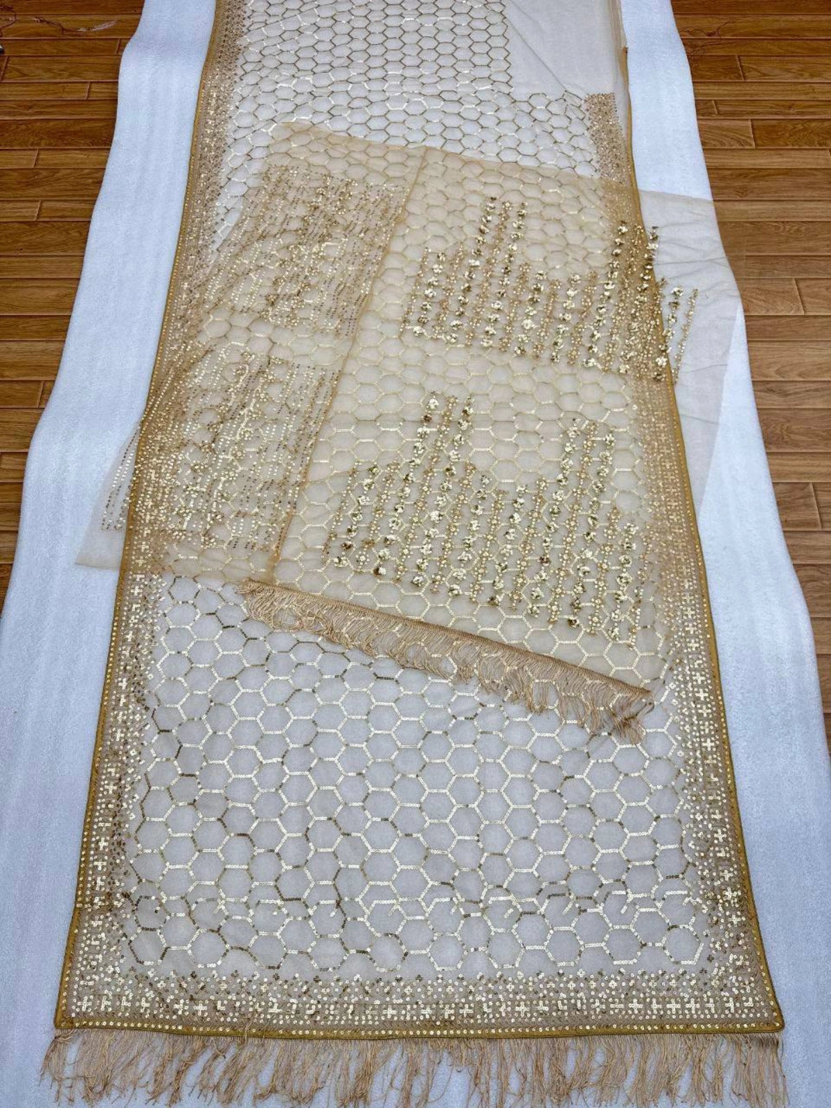 Bollywood Inspired Golden Honeycomb Pattern Net Saree with Tassel Border-67288417927249