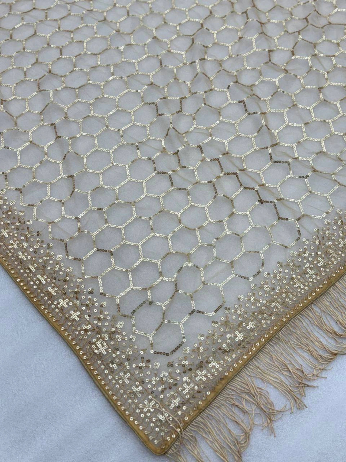 Bollywood Inspired Golden Honeycomb Pattern Net Saree with Tassel Border-67288417960017