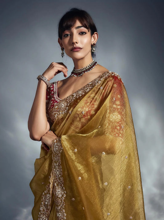 Designer Organza Saree with Heavy Embroidered Border & Blouse - Mustard Yellow