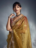 Designer Organza Saree with Heavy Embroidered Border & Blouse - Mustard Yellow