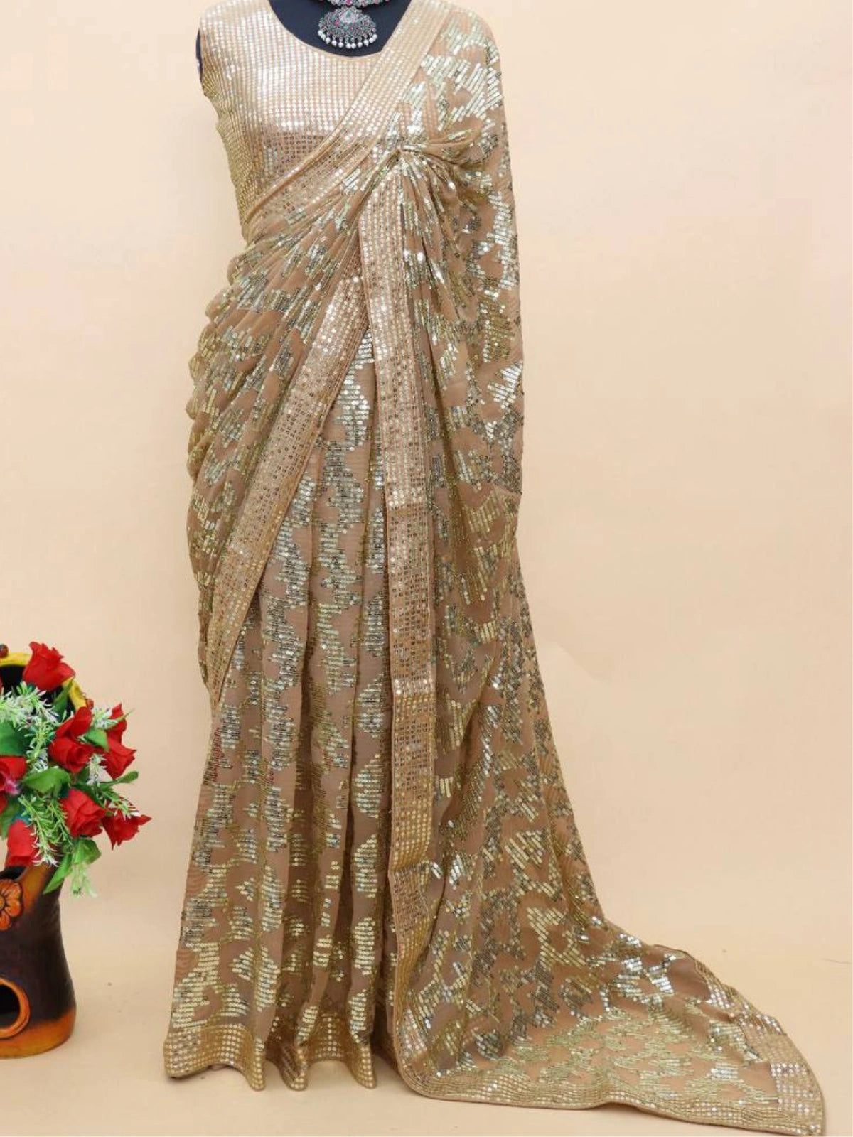 Kiara Inspired Golden Sequin Glam Saree-67289536856145