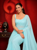 Sky Blue Satin Saree with Unstitched Matching Blouse Piece