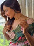 Manju Inspired Lightweight Floral Print Saree with Delicate Embroidery and Pink Blouse