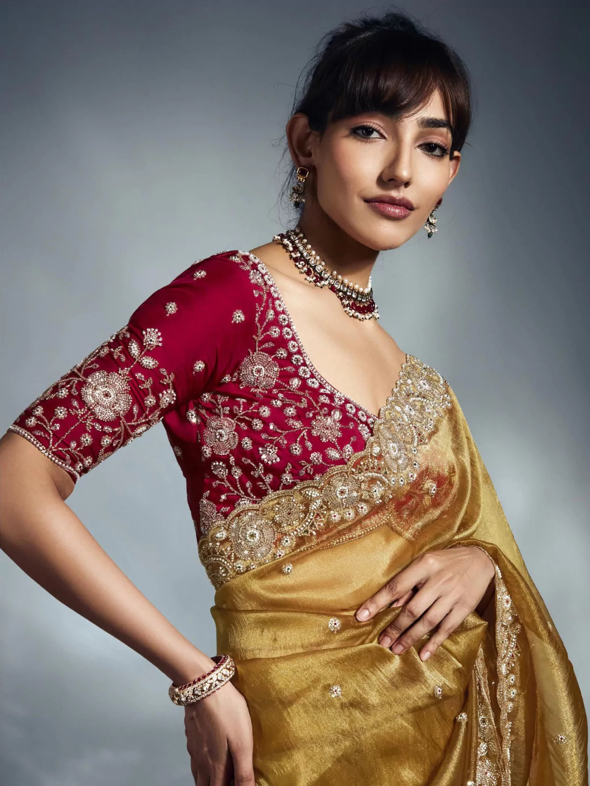 Designer Organza Saree with Heavy Embroidered Border & Blouse - Mustard Yellow