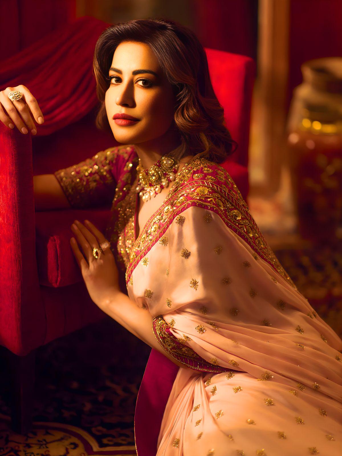 Soft Pink Saree with Delicate Golden Motifs and Embroidered Maroon Border-70455420125265