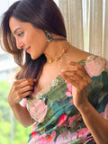 Manju Inspired Lightweight Floral Print Saree with Delicate Embroidery and Pink Blouse