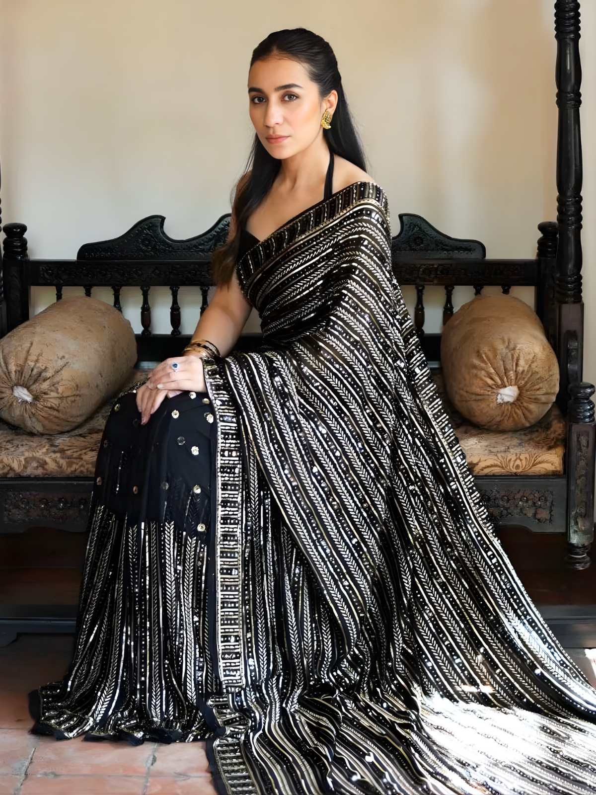 Bollywood Inspired Black Saree with Silver and Gold Sequin Work and Matching Blouse Piece-70449575886929